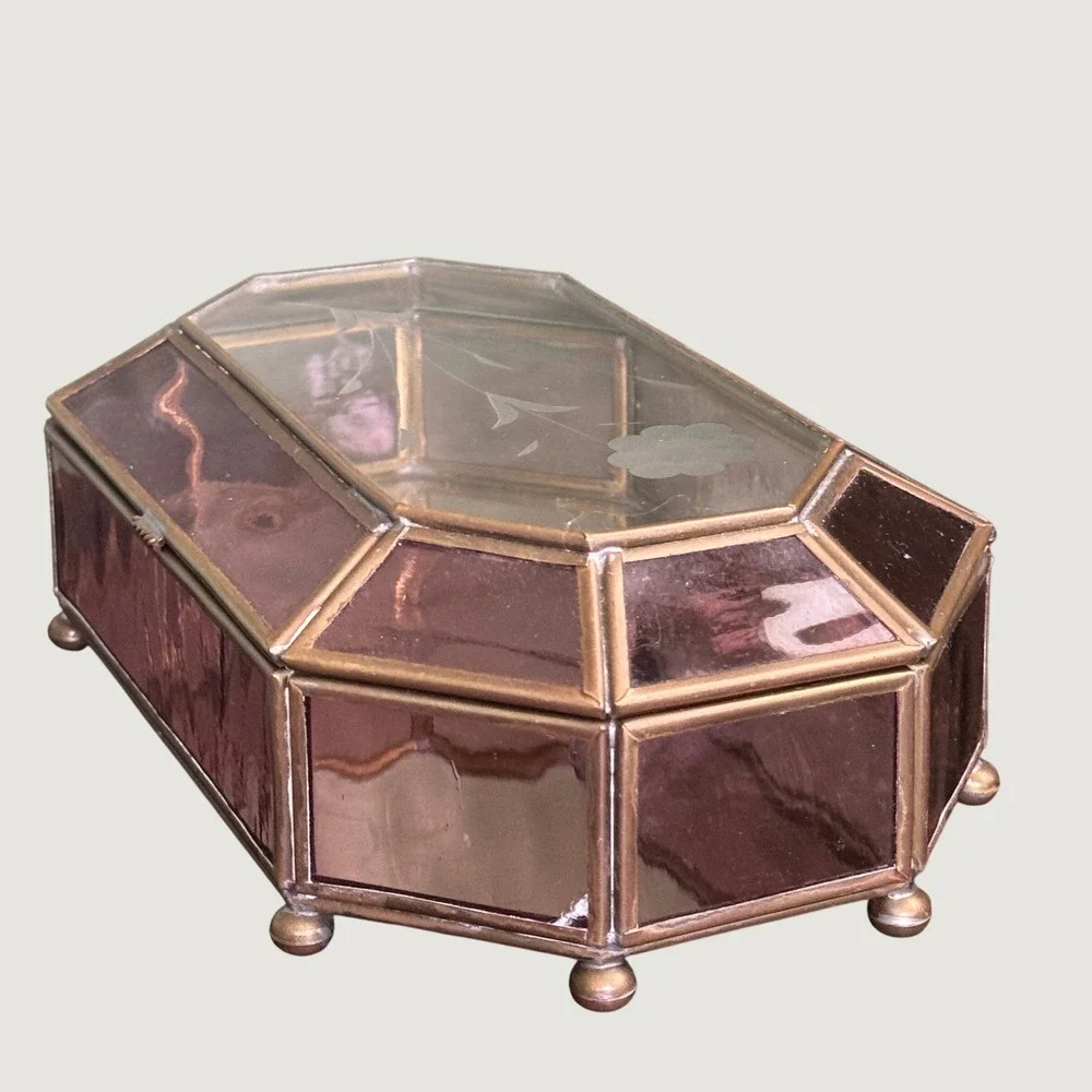Vintage Purple Glass Jewelry Trinket Box Octagon Brass Etched Floral Lid